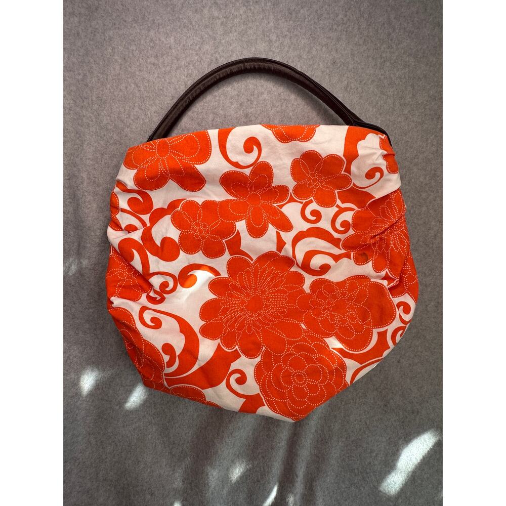 Saks Fifth Avenue Retro Floral Orange White Canvas Hobo Bag